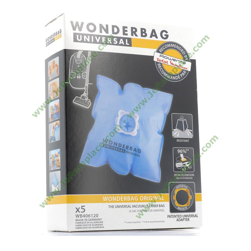 WPRO Wonderbag Classic Sacchetti Per Aspirapolvere In Microfibra SMS - Confezione Da 5 Pezzi Con Adattatore Brevettato