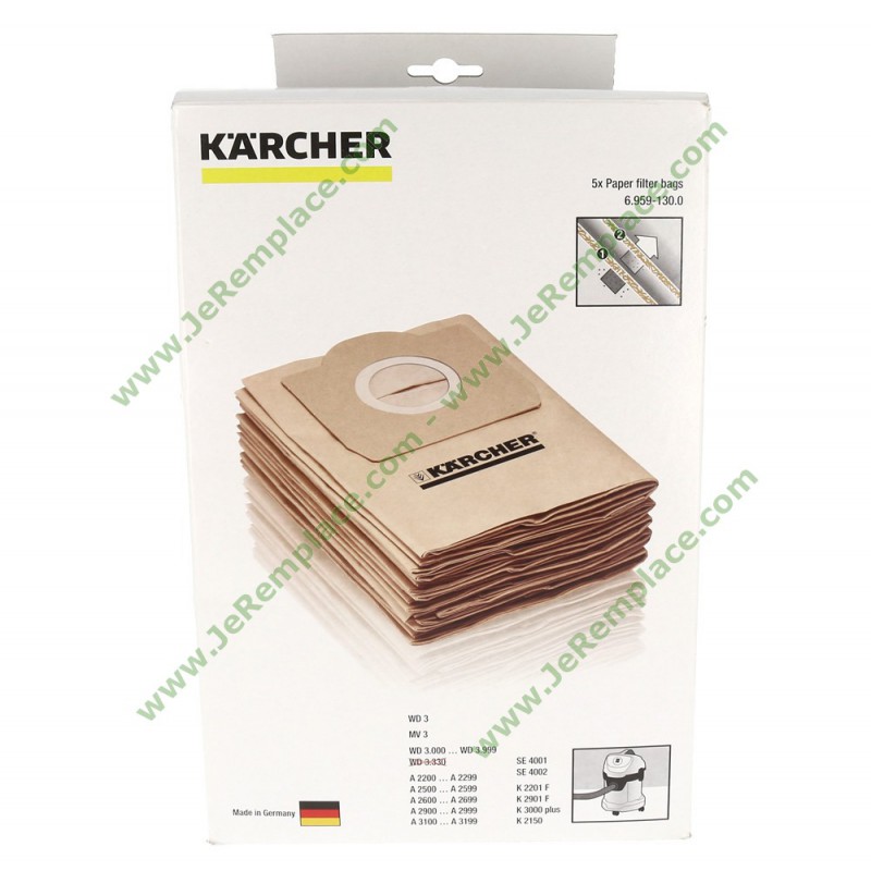 5 Sacs Aspirateur Compatible pour Kärcher 6.959-130.0, Karcher WD 3.200, WD  3.000, WD 3, 6.959-310, MV 3